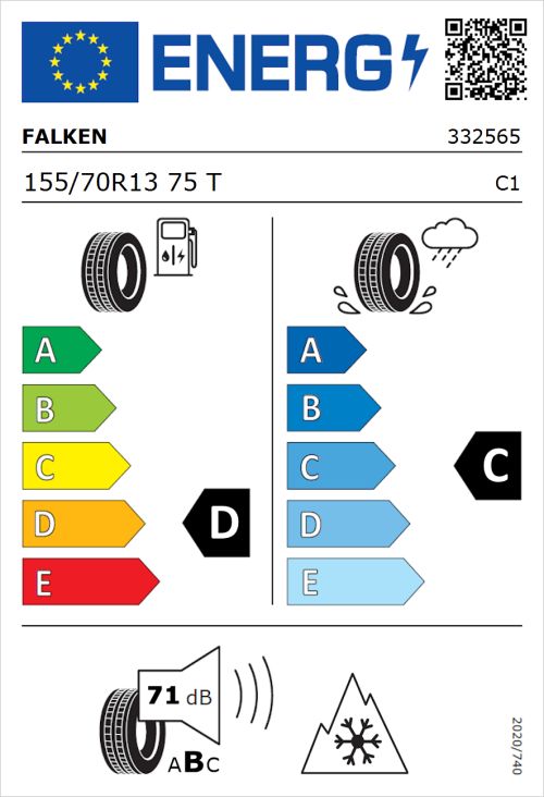 Tyre Label for Falken Euroall Season AS210 155/70R13 75T