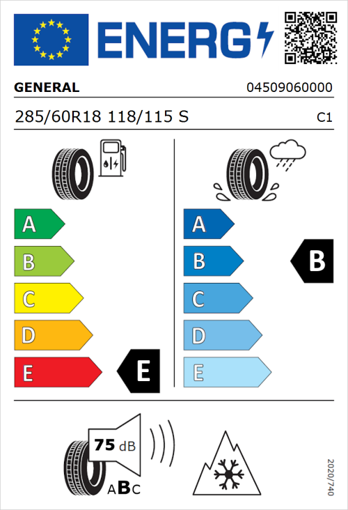 Tyre Label for General Grabber AT 3 285/60R18 118/115S