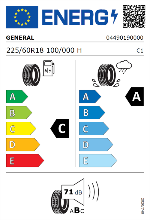 Tyre Label for General Grabber GT Plus 225/60R18 100/000H