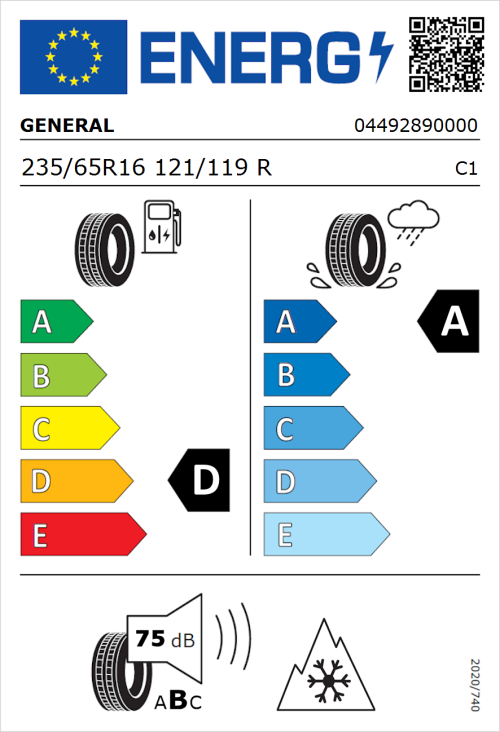 Tyre Label for General Grabber AT 3 235/65R16 121/119R
