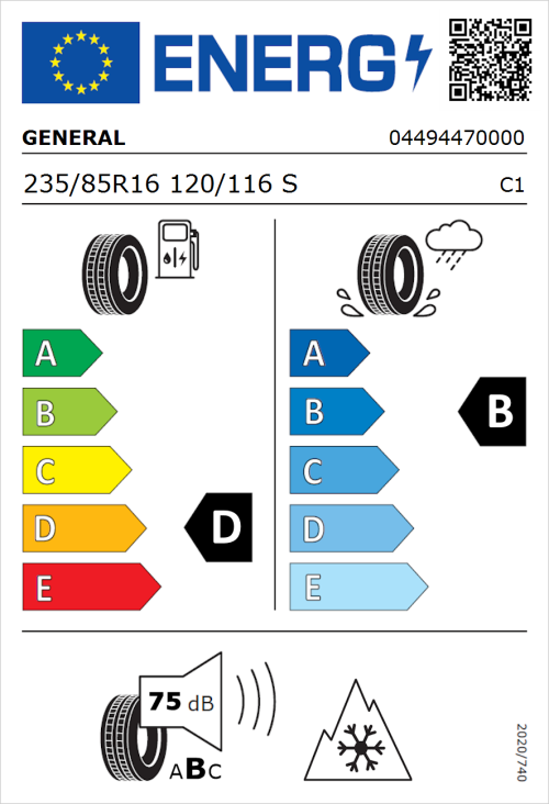 Tyre Label for General Grabber AT 3 235/85R16 120/116S