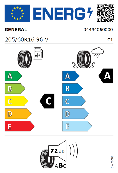 Tyre Label for General Grabber GT Plus 205/60R16 96V