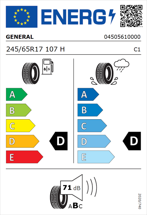 Tyre Label for General Grabber HTS60 245/65R17 107H