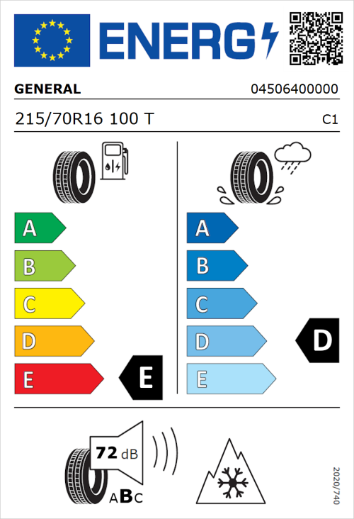 Tyre Label for General Grabber AT 3 215/70R16 100T