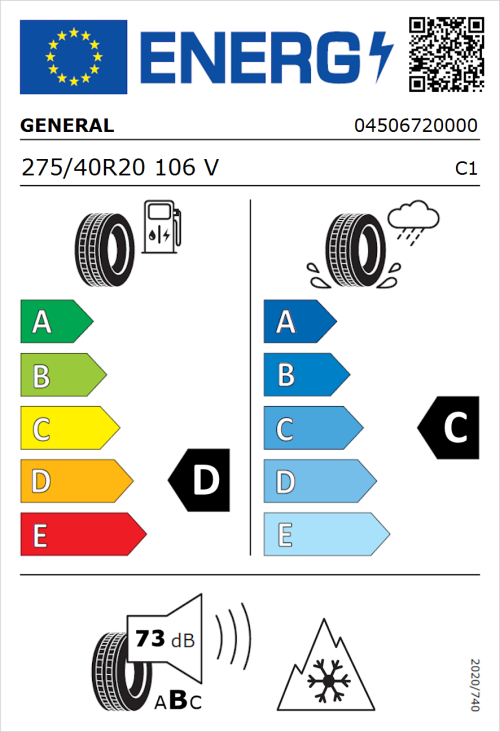 Tyre Label for General Grabber AT 3 275/40R20 106V