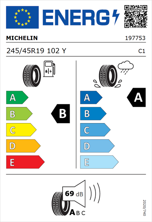 Tyre Label for Michelin Primacy 3 245/45R19 102Y